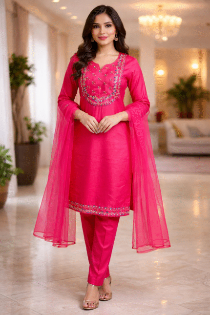 Stylish Rani Pink Embroidered Kurta Pant Set for Women