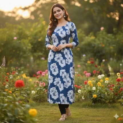 Trendy Indigo Blue Floral Printed Straight Kurti for Women