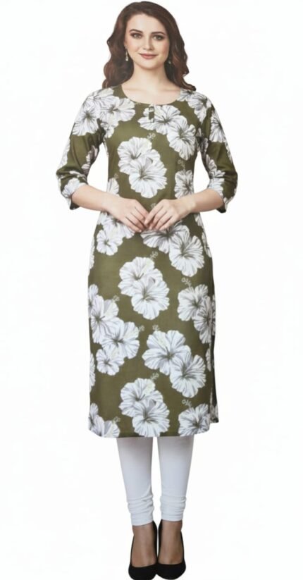 Elegant Olive Green Floral Printed Straight Kurti for Women
