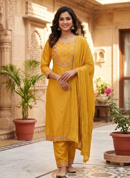 Graceful Mustard Yellow Embroidered Kurta Pant Dupatta Set for Women