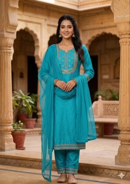 Elegant Teal Blue Embroidered Kurta Pant Dupatta Set for Women